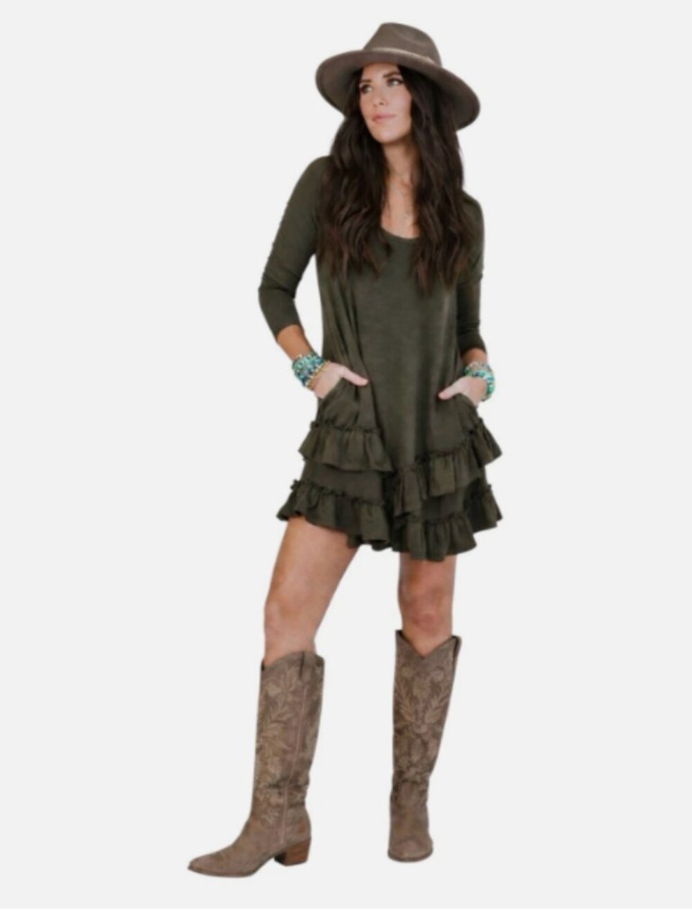 NWT Three Bird Nest Constance Ruffle Tiered Long Sleeve Dress Green Size Small